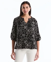 Rafaella Petite Floral Embroidered 3/4-Sleeve Blouse