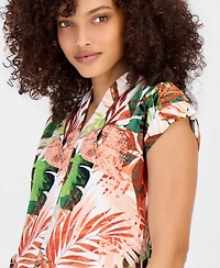 Kasper Petite Printed Cap-Sleeve V-Neck Top