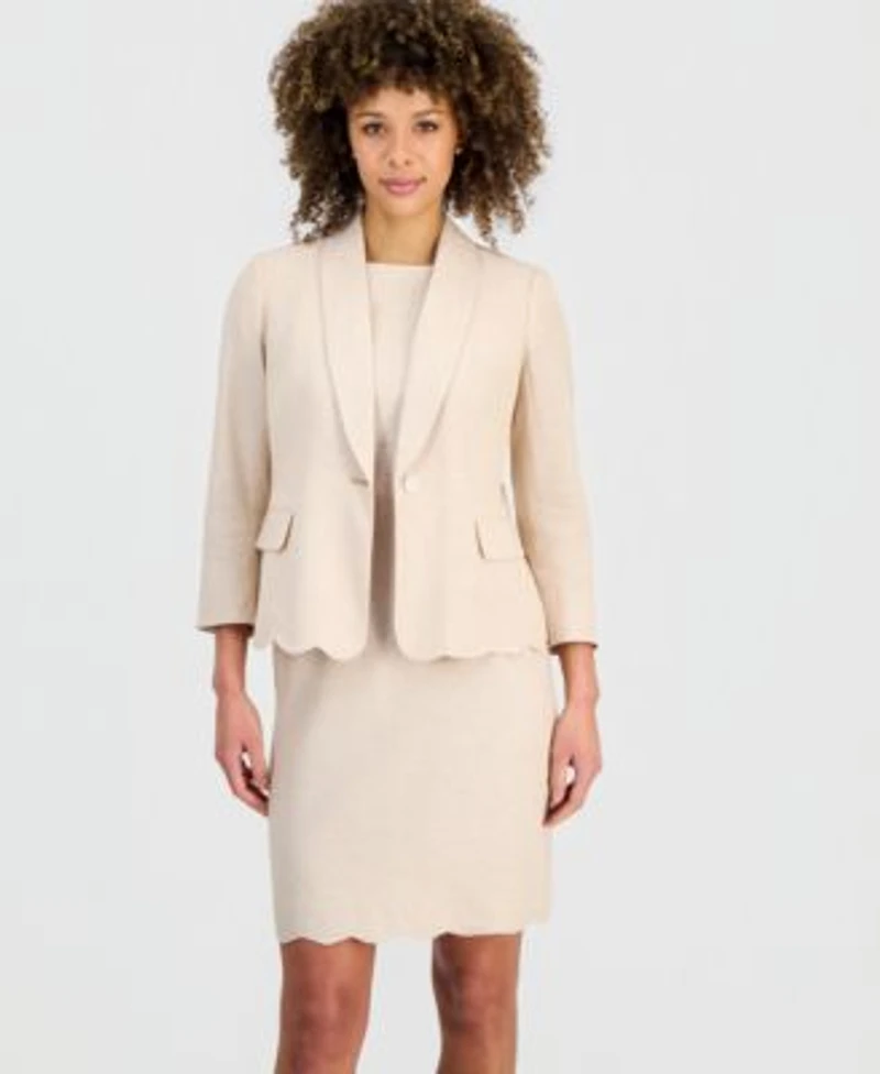 Kasper Womens Scalloped Hem Shawl Collar Jacket Scalloped Hem Sheath Dress