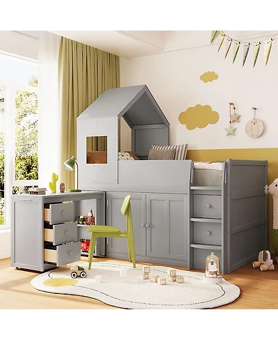 Streamdale Furniture Twin Size Wooden Loft Bed with Desk, Drawers,Cabinets