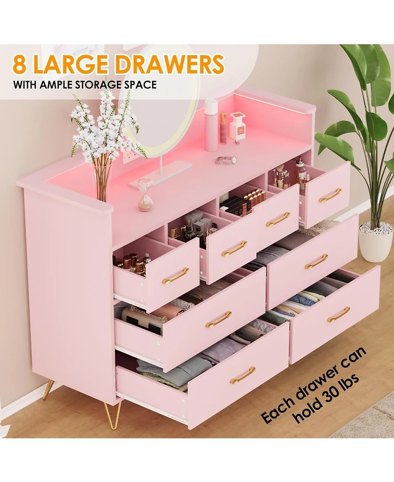 gaomon Drawer Wood Dressers for Bedroom with Led Light and Power Outlet for Adult and Kids Bedroom.