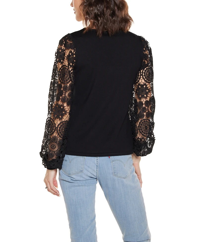 Belldini Women's Crochet Lace Blouson Sleeve Sweater
