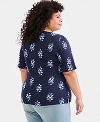 Style & Co Plus Printed Boat-Neck Elbow-Sleeve Top