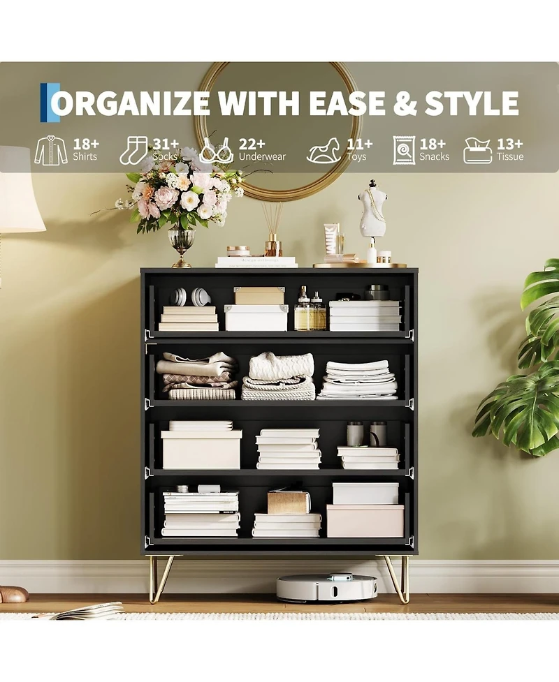 gaomon 4 Drawer Bedroom Dresser, 32'' Wide Modern Wood Chest with Metal Handles, Spacious Clothes Storage Organizer"