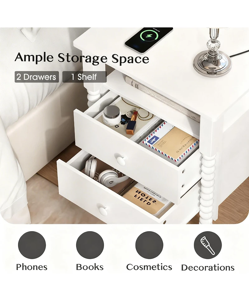 Yigii French Rustic Nightstand with Charging, Storage & Multi-Functional Use
