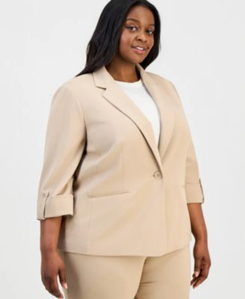 Anne Klein Essentials Plus Size 3 4 Sleeve One Button Jacket Straight Leg Pull On Pants