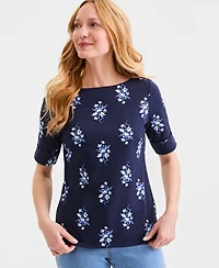 Style & Co Women's Printed Boat-Neck Elbow-Sleeve Top, Macy's Exclusive