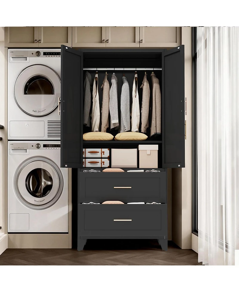 Streamdale 71" Black Metal Wardrobe Cabinet with 2 Drawers, Hanging Rod & Shelf