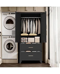 Streamdale 71" Black Metal Wardrobe Cabinet with 2 Drawers, Hanging Rod & Shelf
