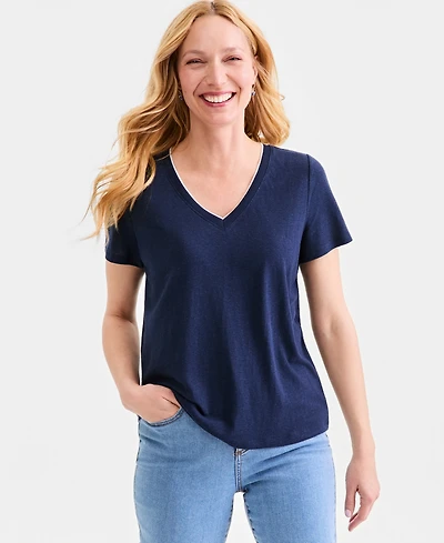 Style & Co Women's Linen Blend V-Neck Short-Sleeve Top, Macy's Exclusive