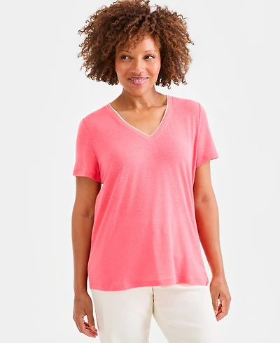 Style & Co Women's Linen Blend V-Neck Short-Sleeve Top, Macy's Exclusive