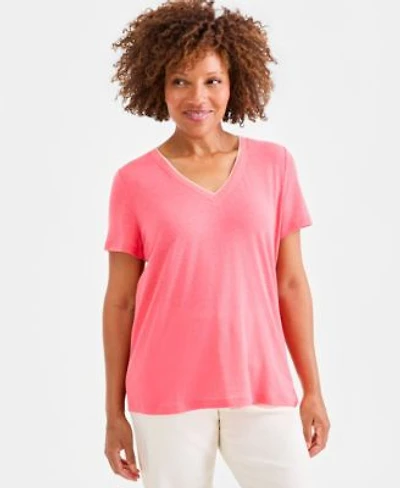 Style Co Womens Linen Blend V Neck Short Sleeve Top Macys Exclusive