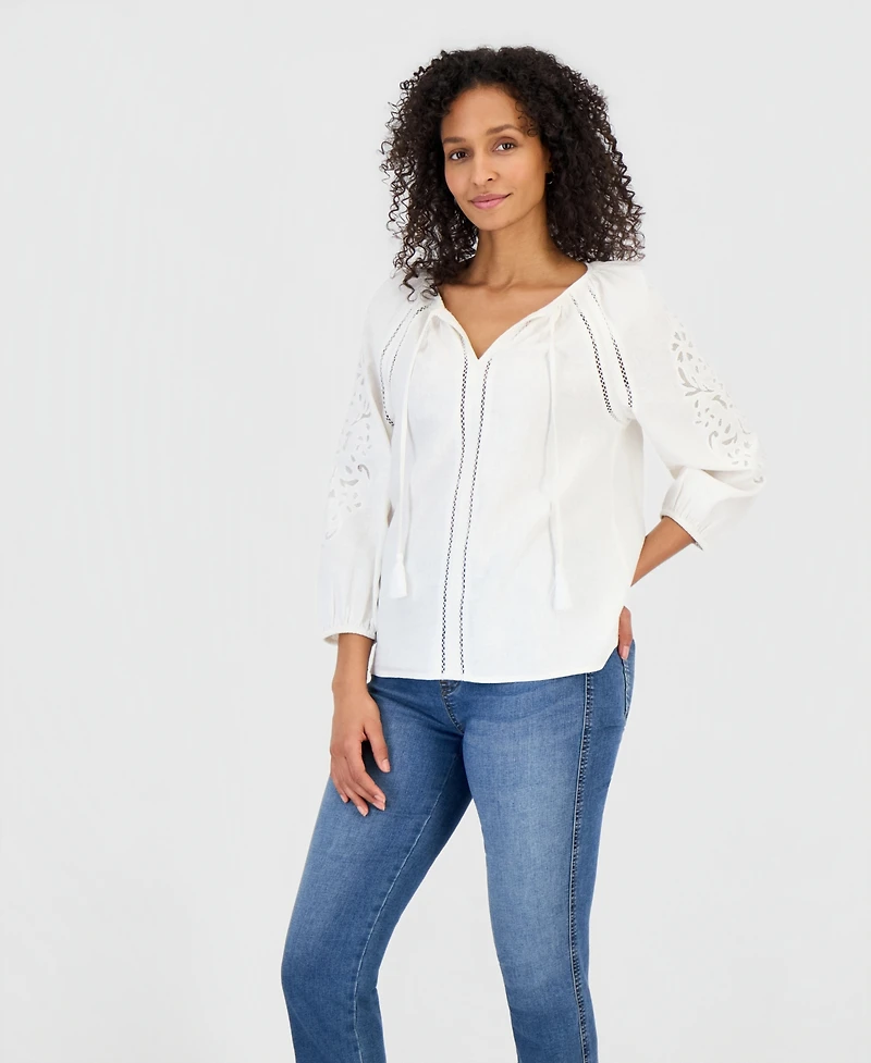 Style & Co Women's Linen Blend Embroidery Top, Macy's Exclusive