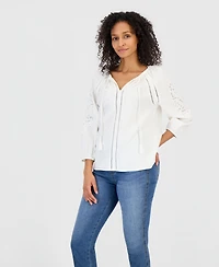Style & Co Women's Linen Blend Embroidery Top, Macy's Exclusive