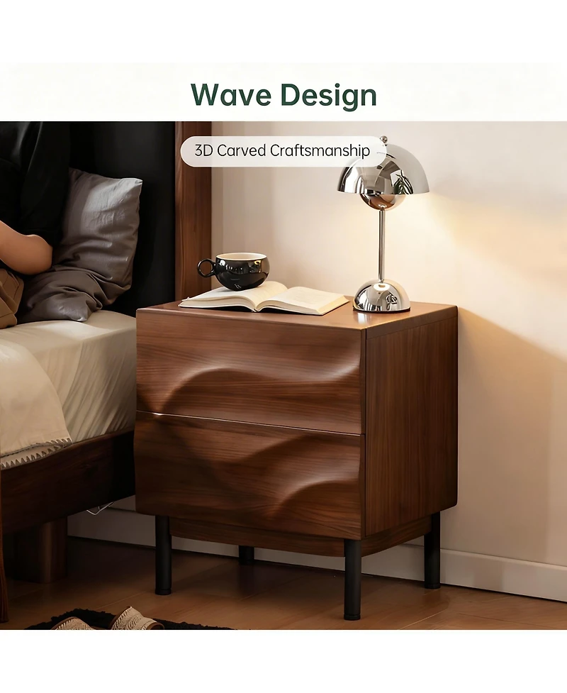 Yigii Nightstand, 2 Drawers, Modern Design, Low Profile