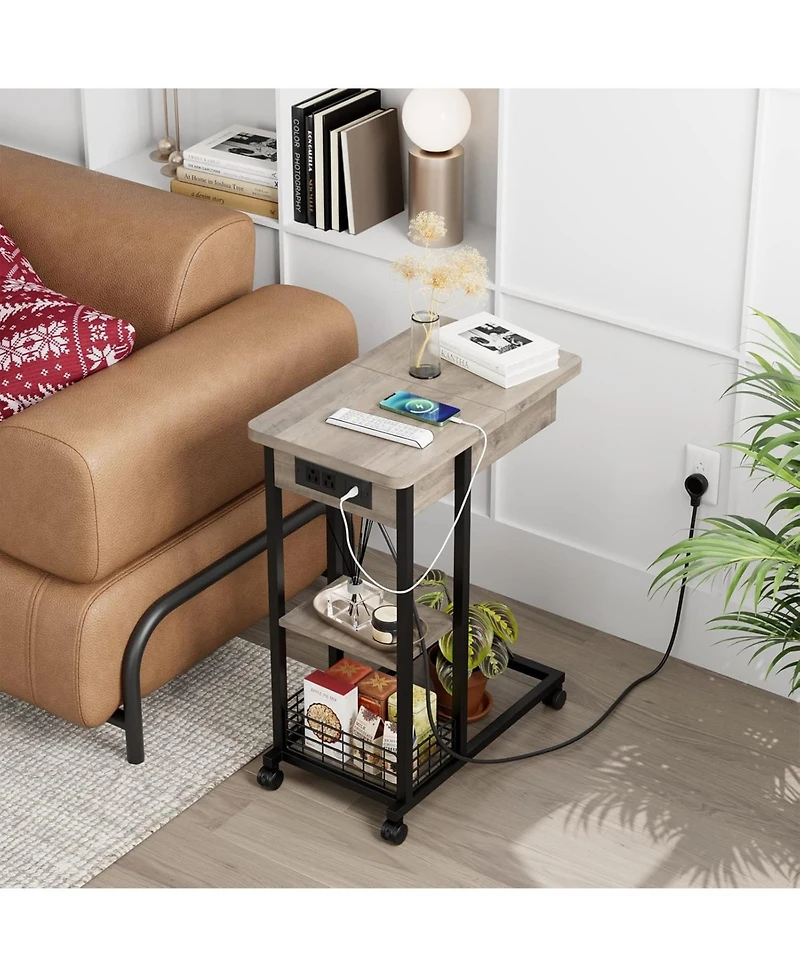 gaomon C Shaped Side Table with Charging Station, Flip Top Sofa End Table with Usb Ports and Outlets, Narrow Side Table