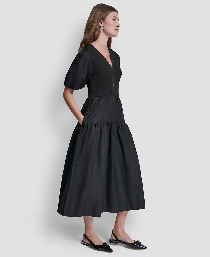 Dkny Jeans Women's Rib Henley Puff-Sleeve Midi Dress