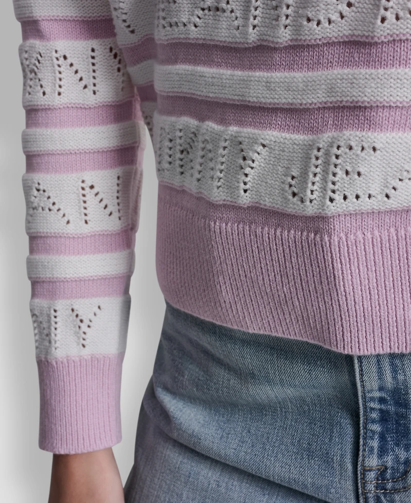 Dkny Jeans Women's Crewneck Logo Pointelle Striped Sweater