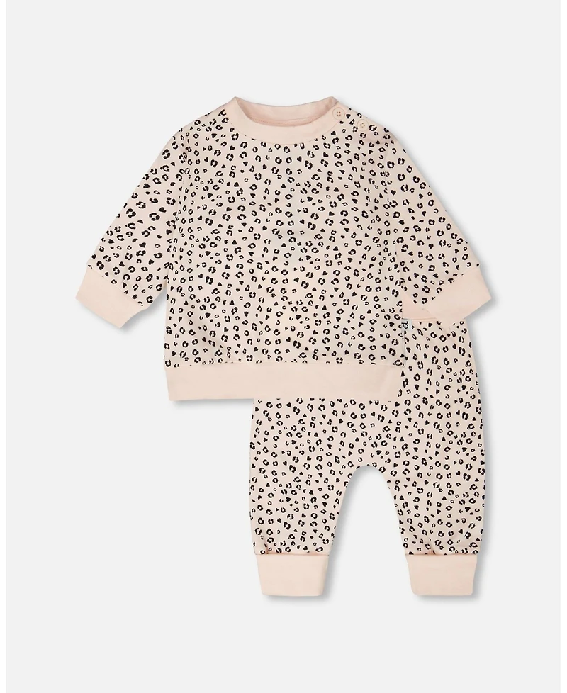 Deux par Baby Girls Peach Animal Print Cotton Jersey Sweater and Pants Set