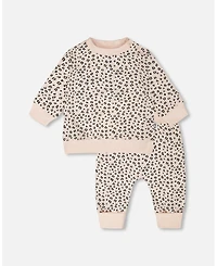 Deux par Baby Girls Peach Animal Print Cotton Jersey Sweater and Pants Set