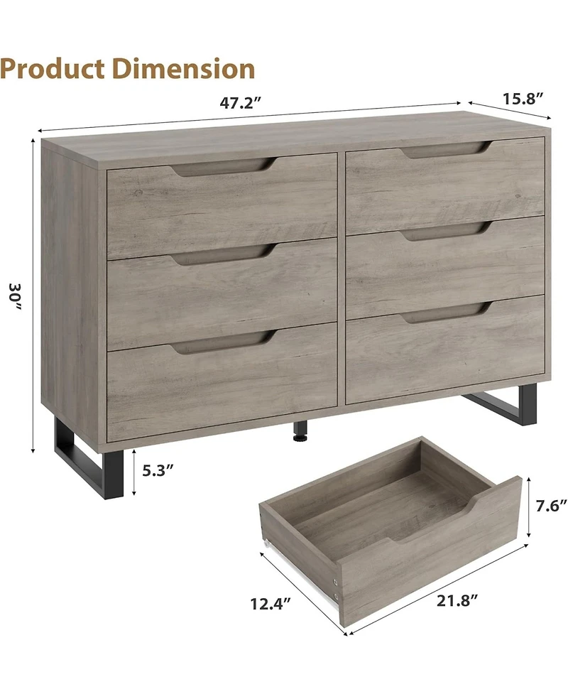 gaomon 6 Dresser for Bedroom, 47.2 in Wide Dresser, Freestanding Vertical Drawer Cabinet with Storage