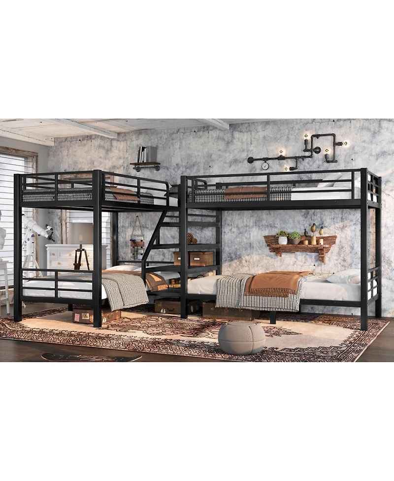 Streamdale Furniture Twin L-Shaped Metal Bunk Bed with Storage Shelves & Guardrail