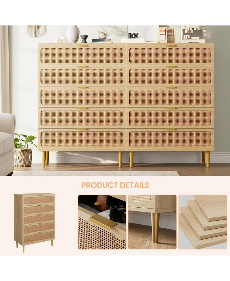 gaomon Rattan Dresser with 5 Drawers, Tall Modern Closet with Deep Storage, Large Chest of Drawers with Wide Top, Long Wooden Dresser