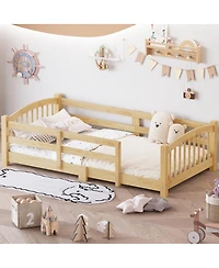 Streamdale Furniture Twin Montessori Floor Bed with Slats, Guardrails, and Fence