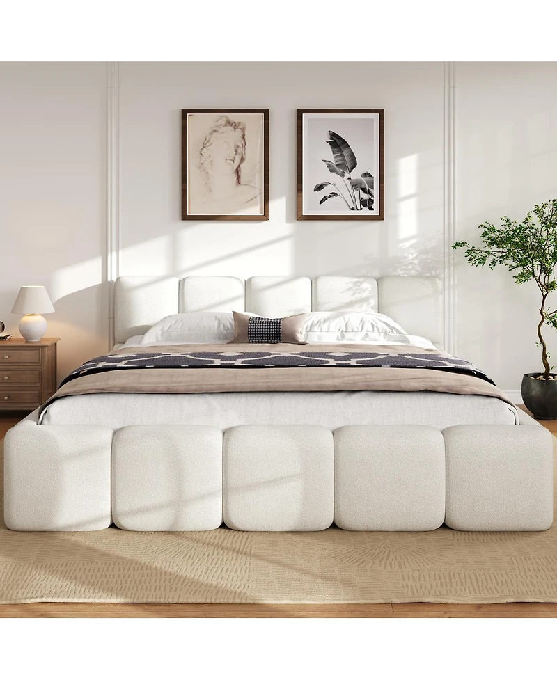 Streamdale Furniture King Size Boucle Platform Bed with Thick Headboard and Footboard