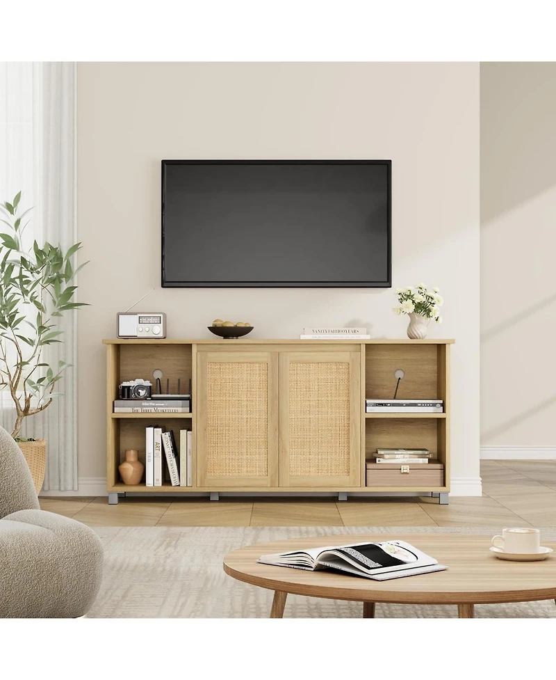gaomon 70 Inch Tv Stand, Mid-Century Modern Entertainment Center with Rattan Cabinet Doors, Media Console with Open Shelves