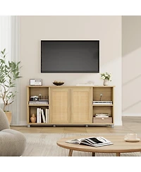 gaomon 70 Inch Tv Stand, Mid-Century Modern Entertainment Center with Rattan Cabinet Doors, Media Console with Open Shelves