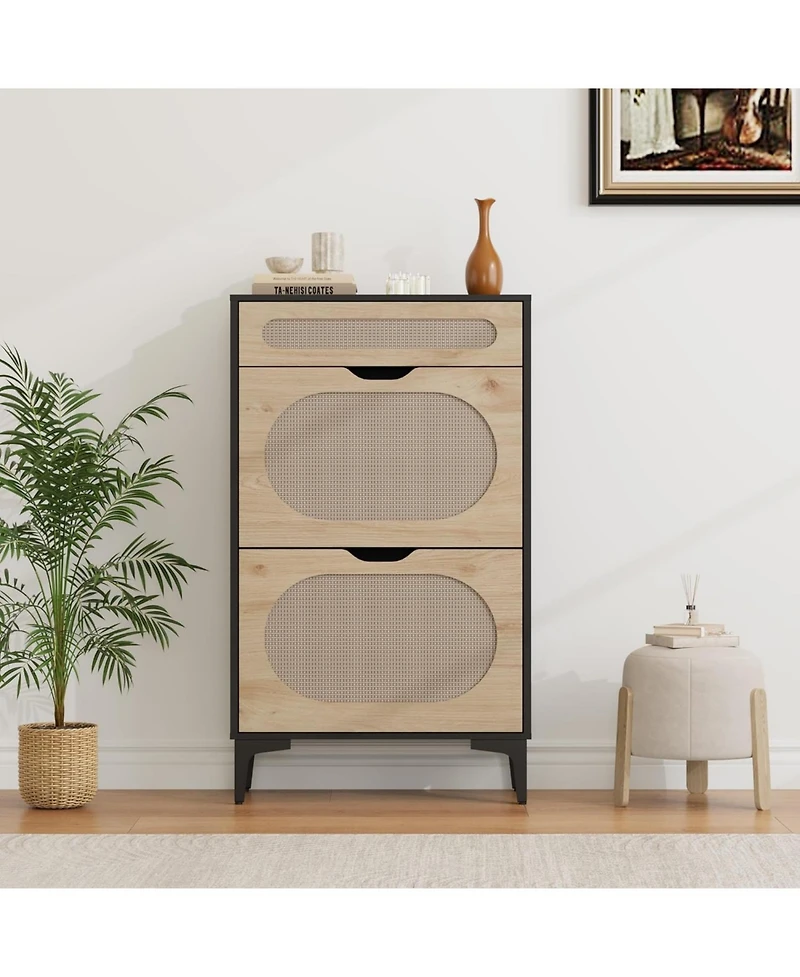 Gaomon Rattan Shoe Cabinet with 2 Flip Drawers & 1 Pull-Out Drawer, Adjustable Shelf, Heavy Duty Metal Legs, Entryway Shoe Storage for Small Spaces