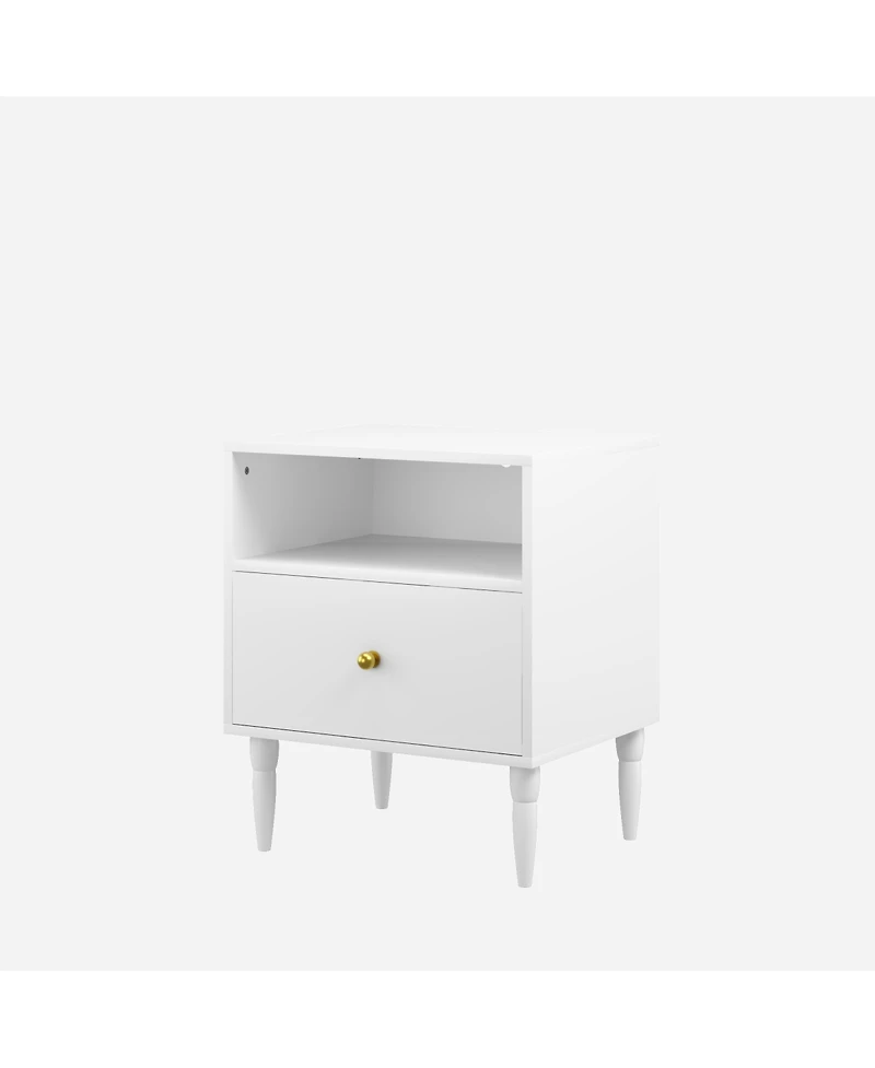 Streamdale Furniture Modern White Nightstand with Drawer & Open Shelf, Bedside Table