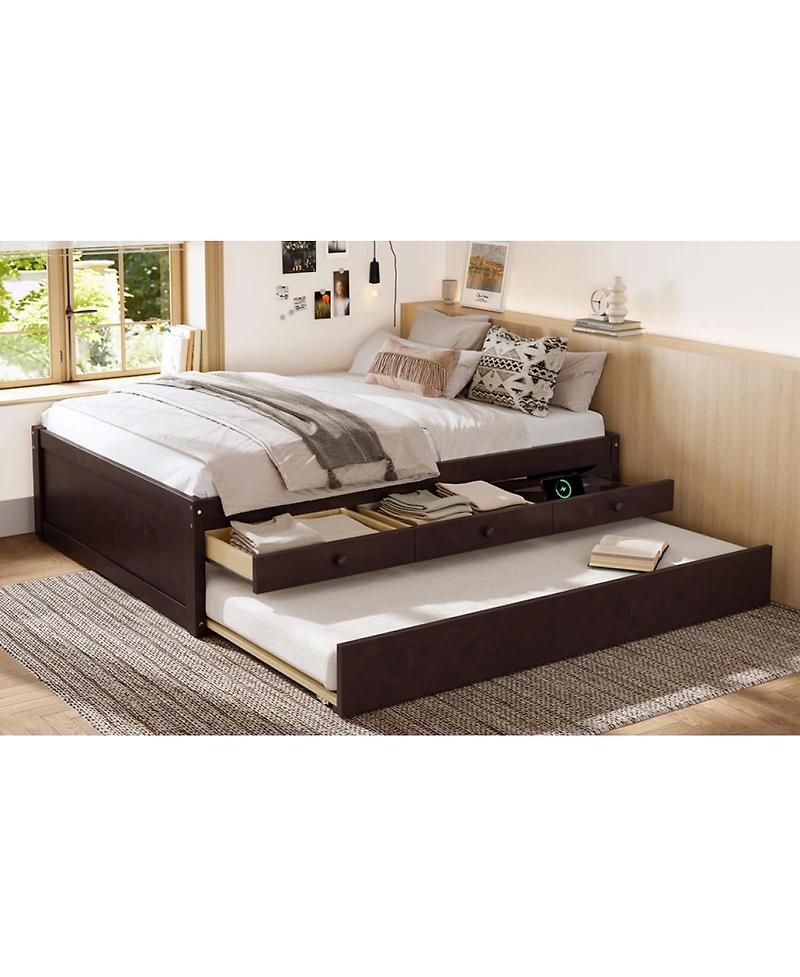 Streamdale Furniture Full Platform Bed with Trundle, 2 Drawers, Solid Wood, Espresso