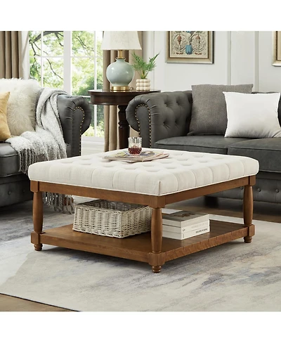 Streamdale Furniture Large Square Tufted Linen Ottoman Coffee Table with Solid Wood Shelf