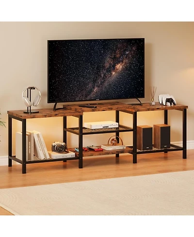 gaomon 75 Inch Wooden Led Entertainment Tv Stand with Power Outlet and Open Storage Shelves