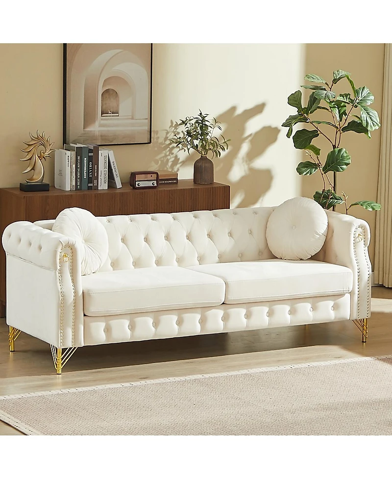Streamdale Furniture Velvet Chesterfield Sofa with Pillows & Studs, Metal Legs.