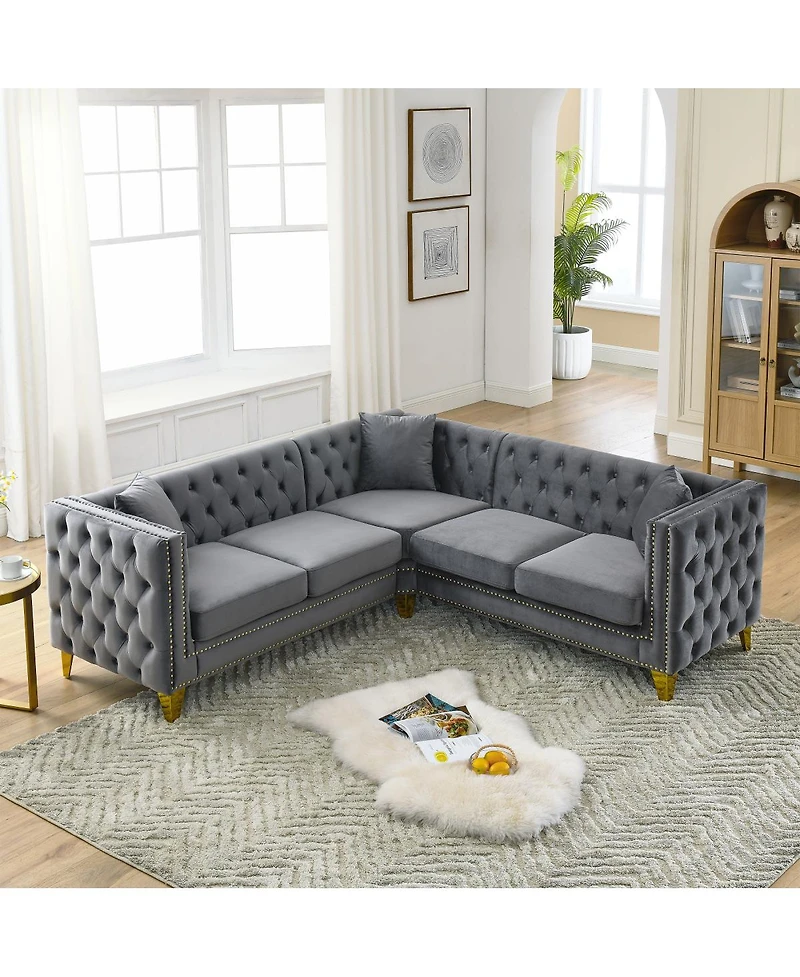 Streamdale Furniture Velvet L-Shaped Sectional Couch, 5-Seater Corner Sofa with 3 Cushions