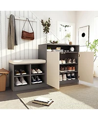 Rainsken Entryway Bench Shoe Cabinet with Adjustable Shelves and Hooks