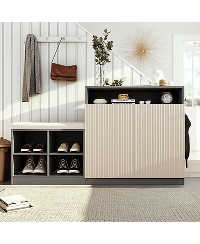Rainsken Entryway Bench Shoe Cabinet with Adjustable Shelves and Hooks