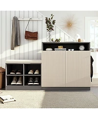 Rainsken Entryway Bench Shoe Cabinet with Adjustable Shelves and Hooks