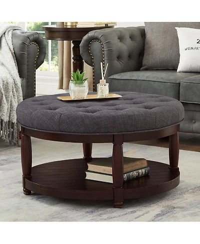 Streamdale Furniture Large Round Tufted Linen Ottoman Coffee Table with Wood Shelf