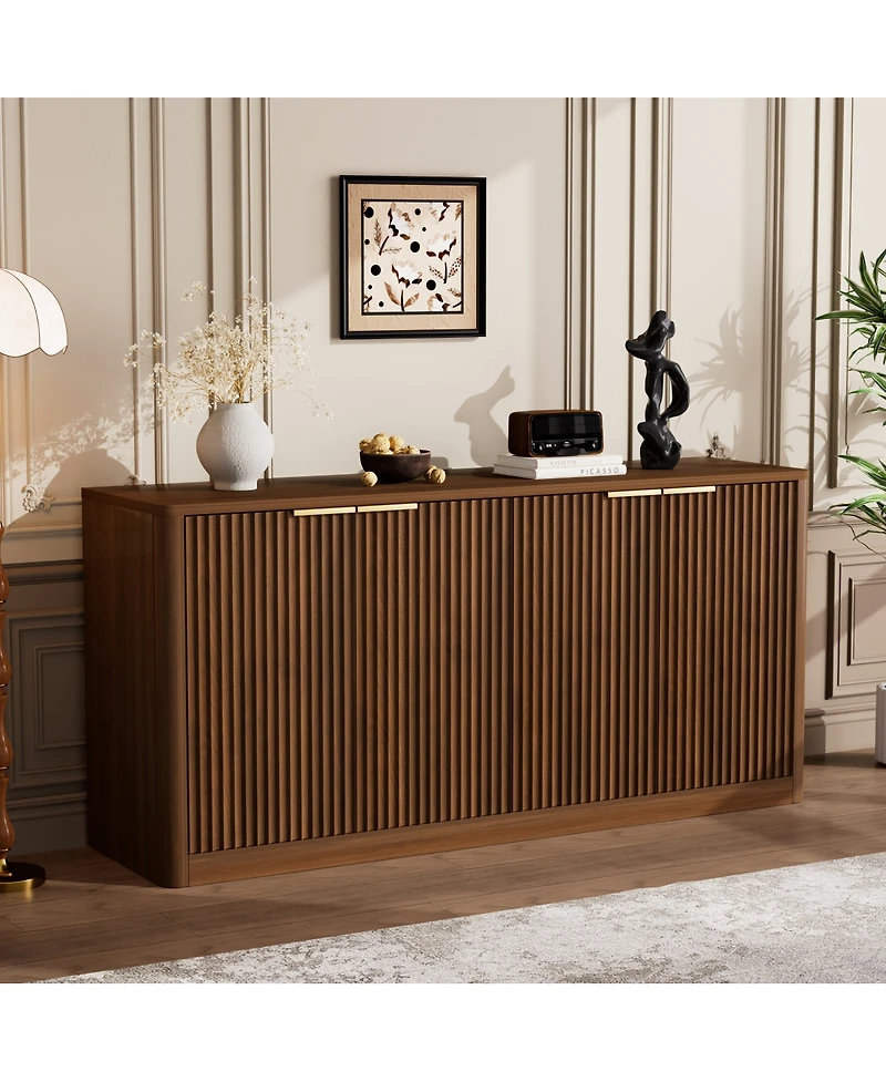 Streamdale Furniture 59-inch Modern Wavy Sideboard, Curved Contour 4-Door Storage Cabinet, Walnut