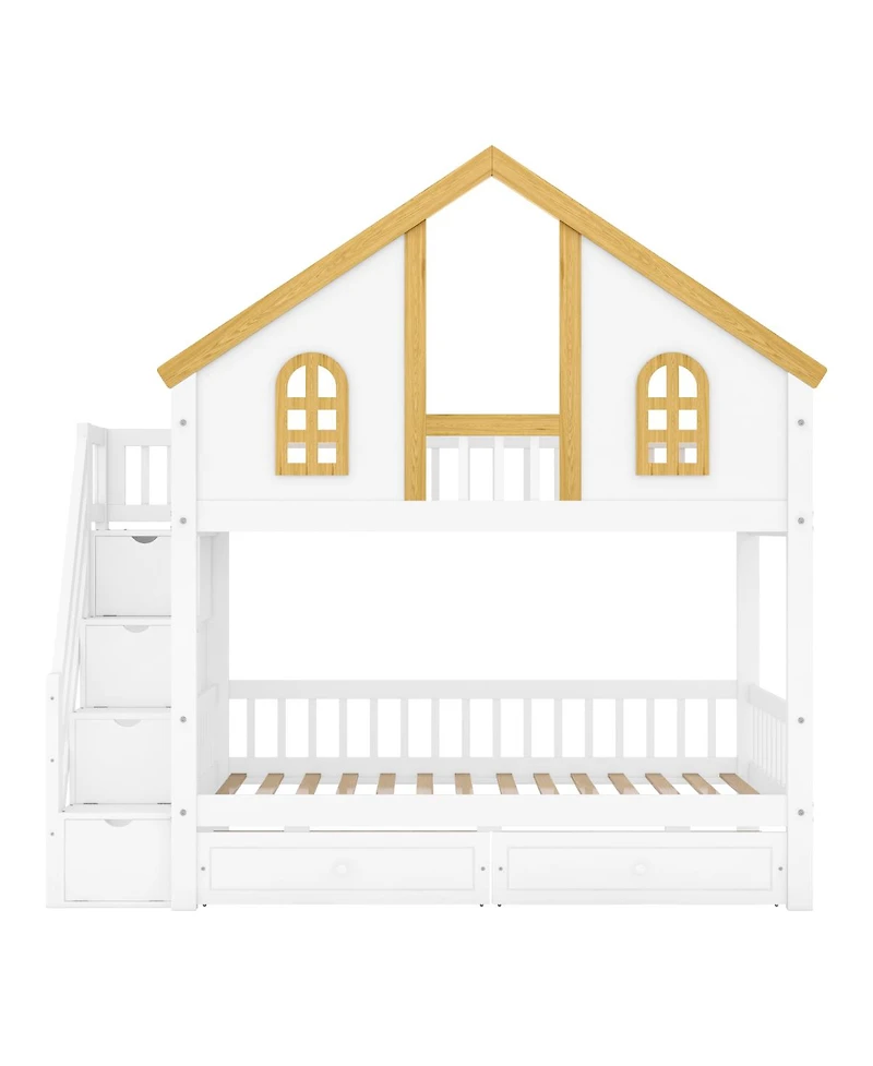 Streamdale Furniture Twin Size Wooden House Bunk Bed with Window, Door, Roof, Drawers & Stairs
