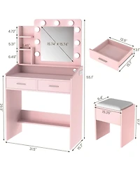 gaomon Vanity Desk with Mirror & Led Lights, Makeup Table with Power Outlet, Cushioned Stool, 2 Drawers & 3 Lighting Modes