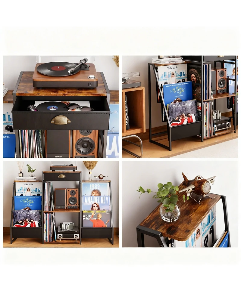 Yigii 6-Bin Vinyl Record Storage with Drawer & Side Shelves for Turntable