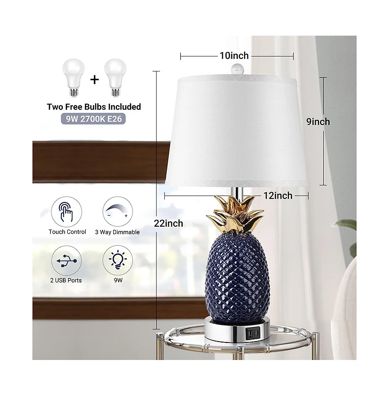 Sofucor 22-inch Pineapple Table Lamps Set of 2, 3 way Dimmable Ceramic Table Lamp for living room, Navy Blue Modern Table Lamp with Usb Port