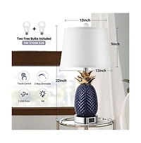 Sofucor 22-inch Pineapple Table Lamps Set of 2, 3 way Dimmable Ceramic Table Lamp for living room, Navy Blue Modern Table Lamp with Usb Port