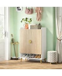 Rainsken 7-Tier Shoe Cabinet, Wooden Shoes Rack, Shoe Storage Organizer with Doors and Adjustable Shelves for Entryway