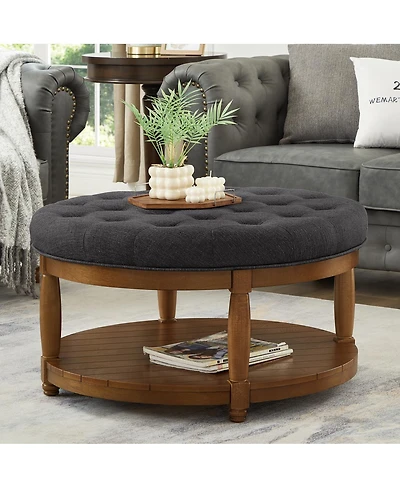 Streamdale Furniture Large Tufted Linen Ottoman Coffee Table with Solid Wood Shelf